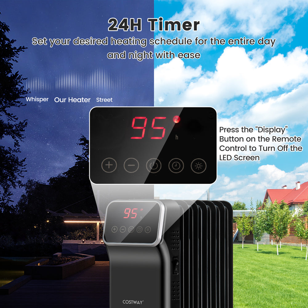 1500W oil-filled radiator heater with remote control, 3 heat settings, 24H timer, ideal for efficient heating up to 300.