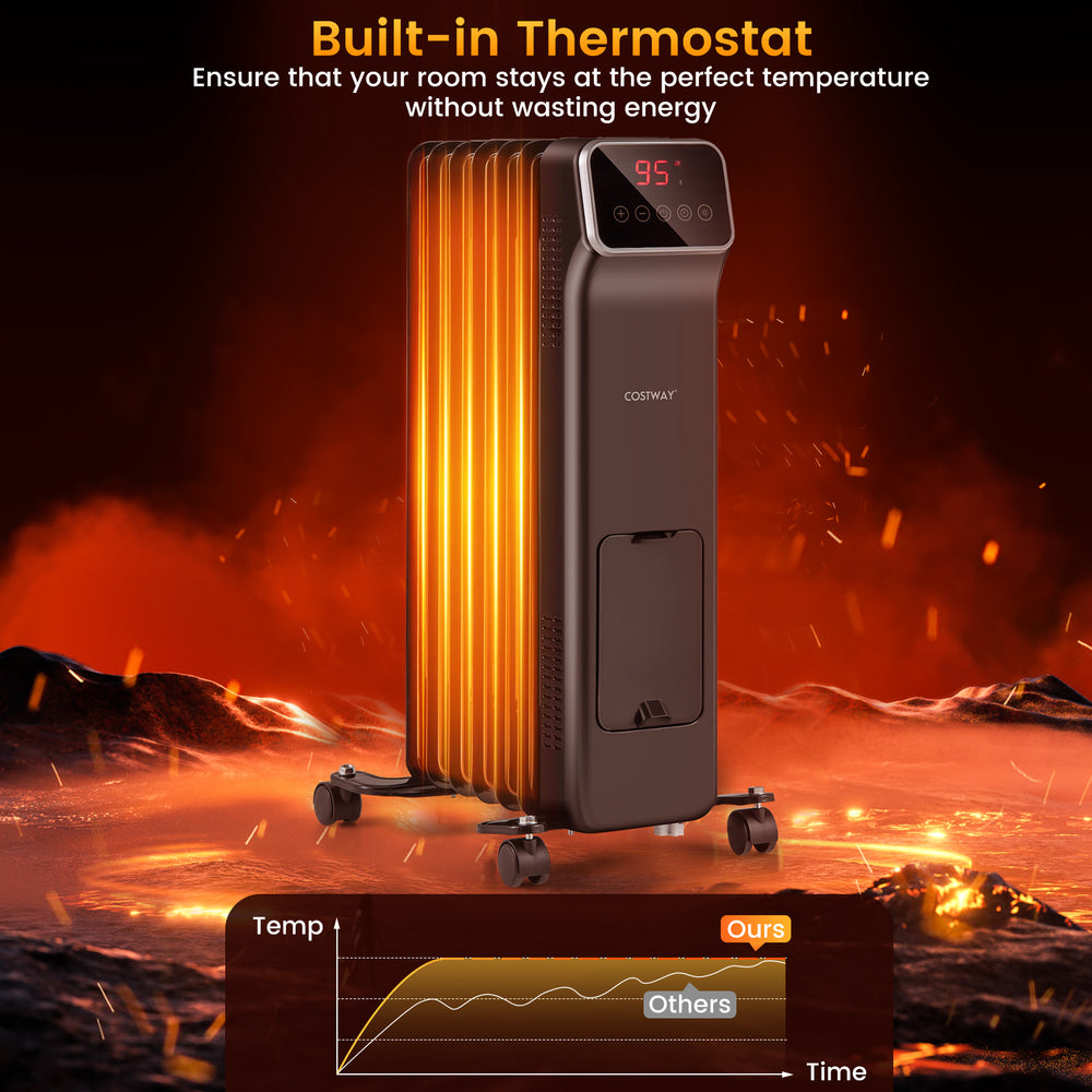 1500W oil-filled radiator heater in black with remote control, 3 heat settings, and 24H timer for efficient warmth.