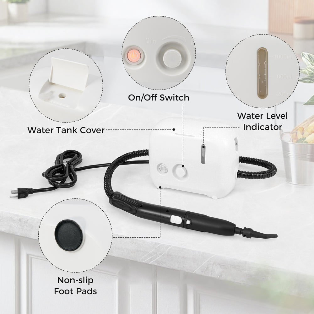 Portable steam cleaner features a water tank cover, on/off switch, and water level indicator for efficient cleaning.