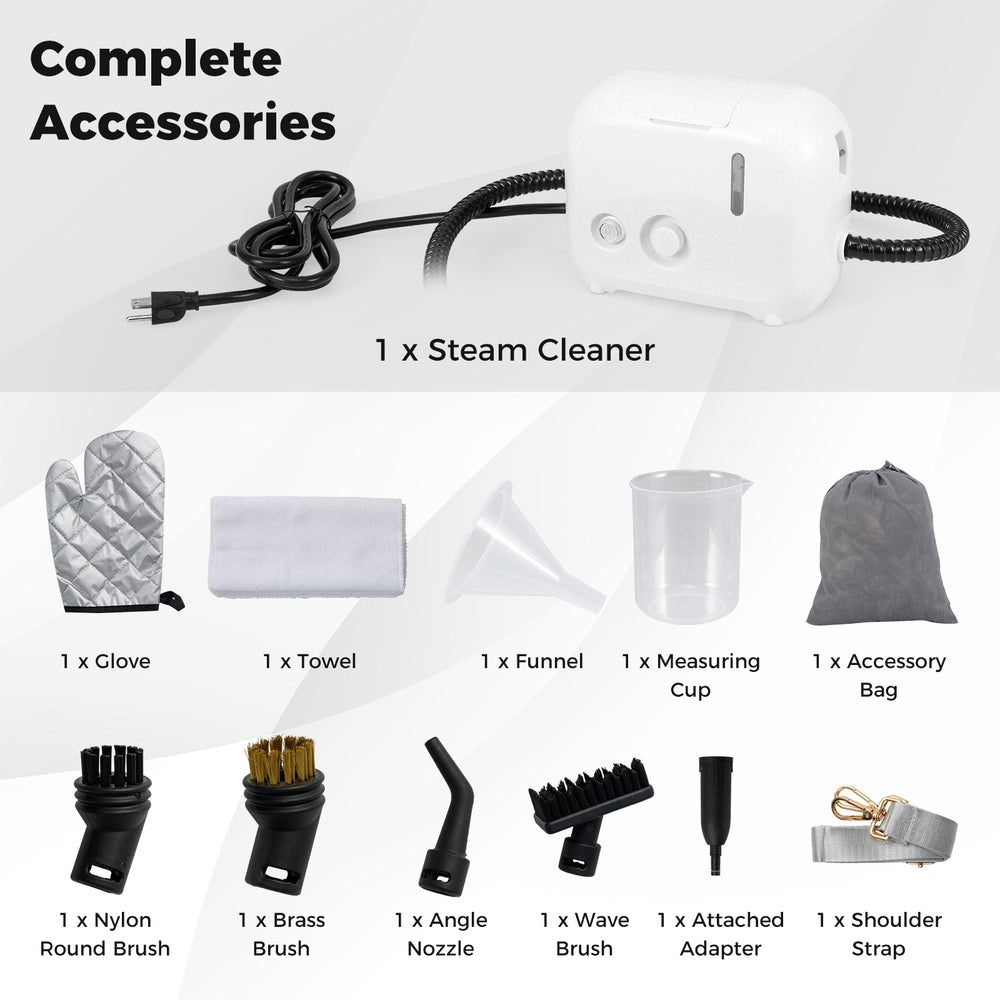 Portable steam cleaner with 34 oz water tank and accessories for versatile cleaning tasks, ideal for various surfaces.
