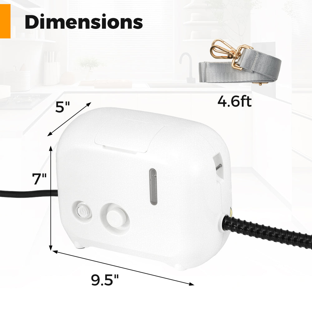 Portable steam cleaner dimensions with 34 oz water tank, 1500W power, ideal for efficient cleaning tasks.