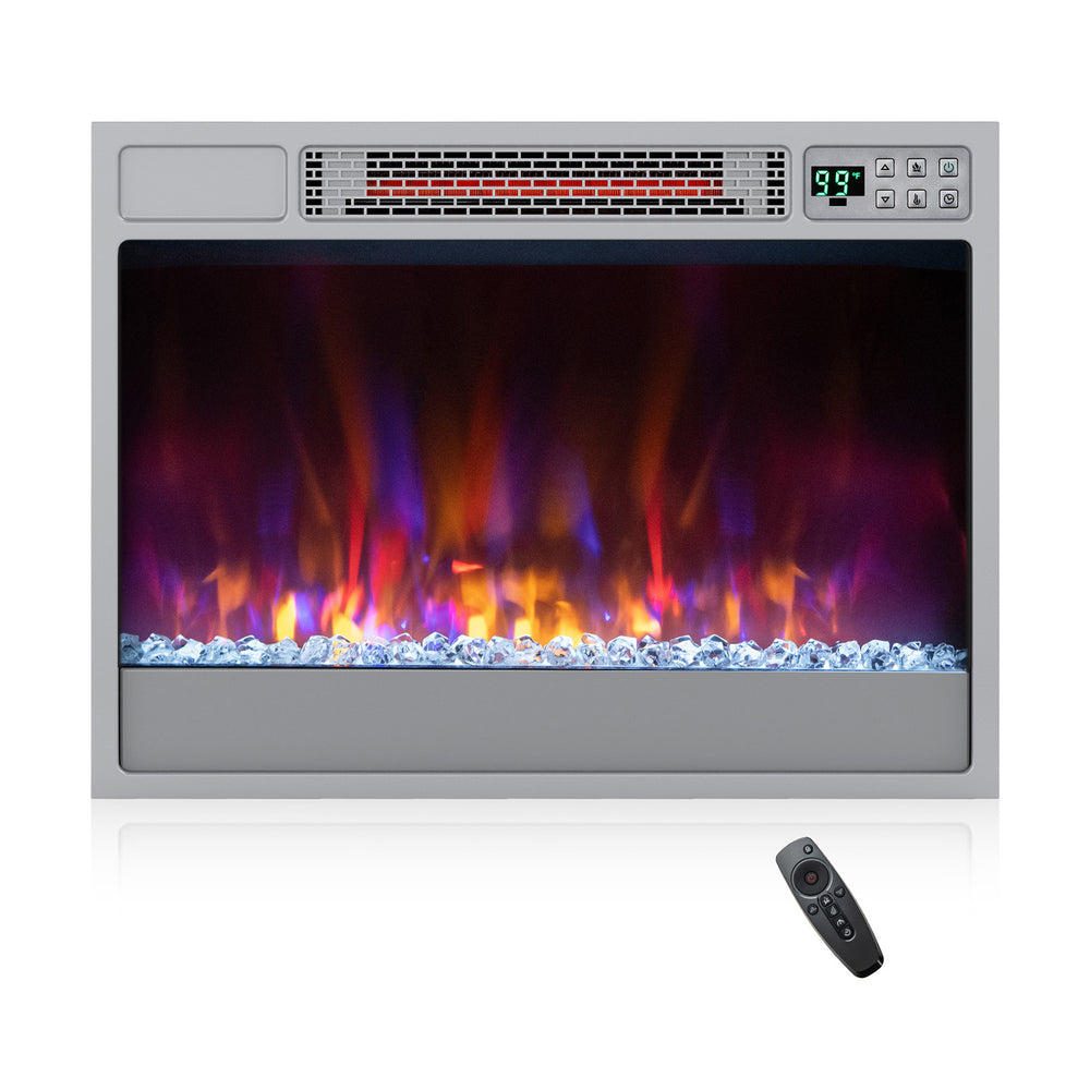 23-inch recessed electric fireplace insert in silver with remote control, featuring adjustable flame colors and 1500W.