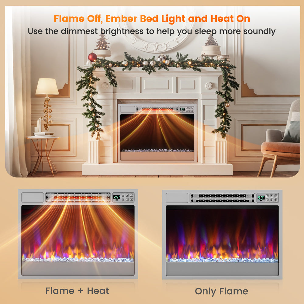 Recessed electric fireplace insert with remote control, featuring adjustable flame colors and 1500W heating for cozy.