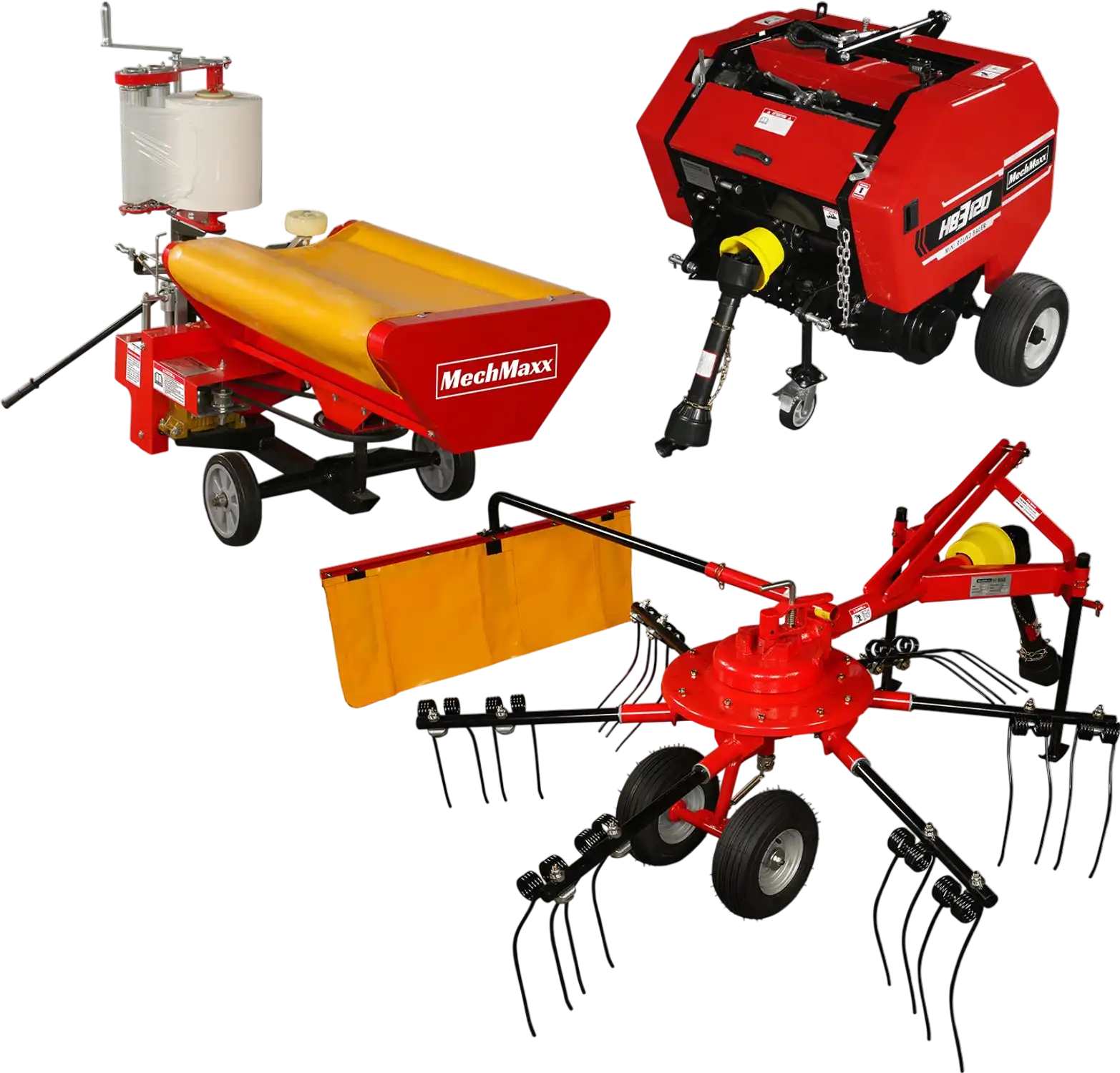 MechMaxx HB3120, HW20, HT100 Hay Equipment Bundles Hay Baler Hay Wrapper Hay Rake Tedder Bundle New