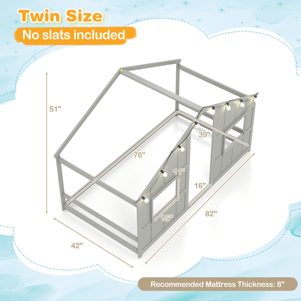 Twin size house bed frame in grey with LED lights, slat-free design, ideal for kids' independent sleep and play.