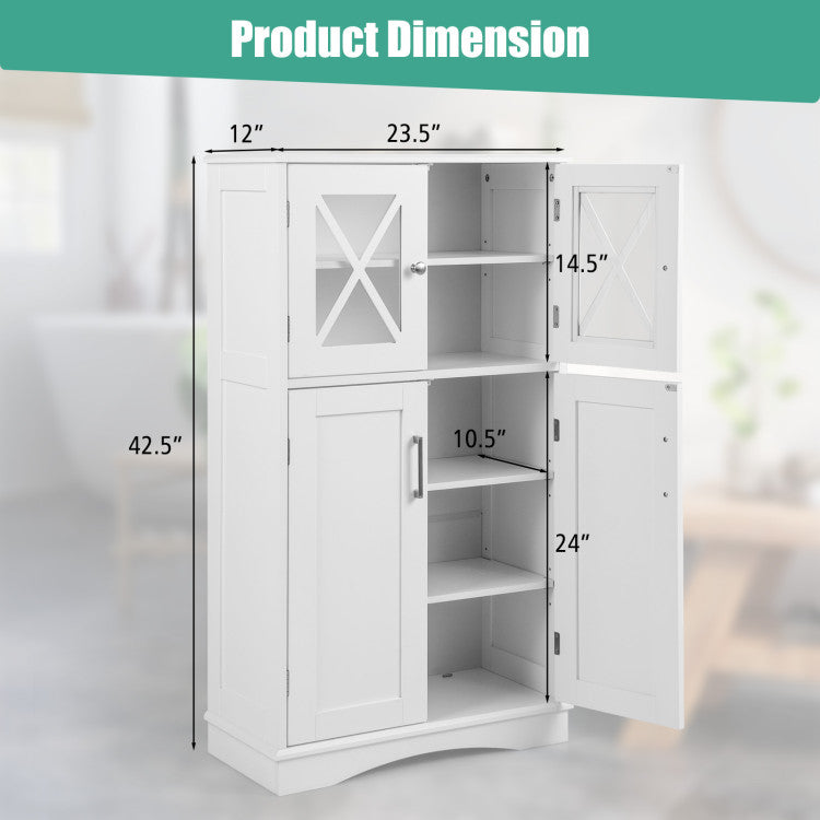 Over the toilet cabinet with dimensions 42.5" height, 23.5" width, and 12" depth, featuring adjustable shelves for.