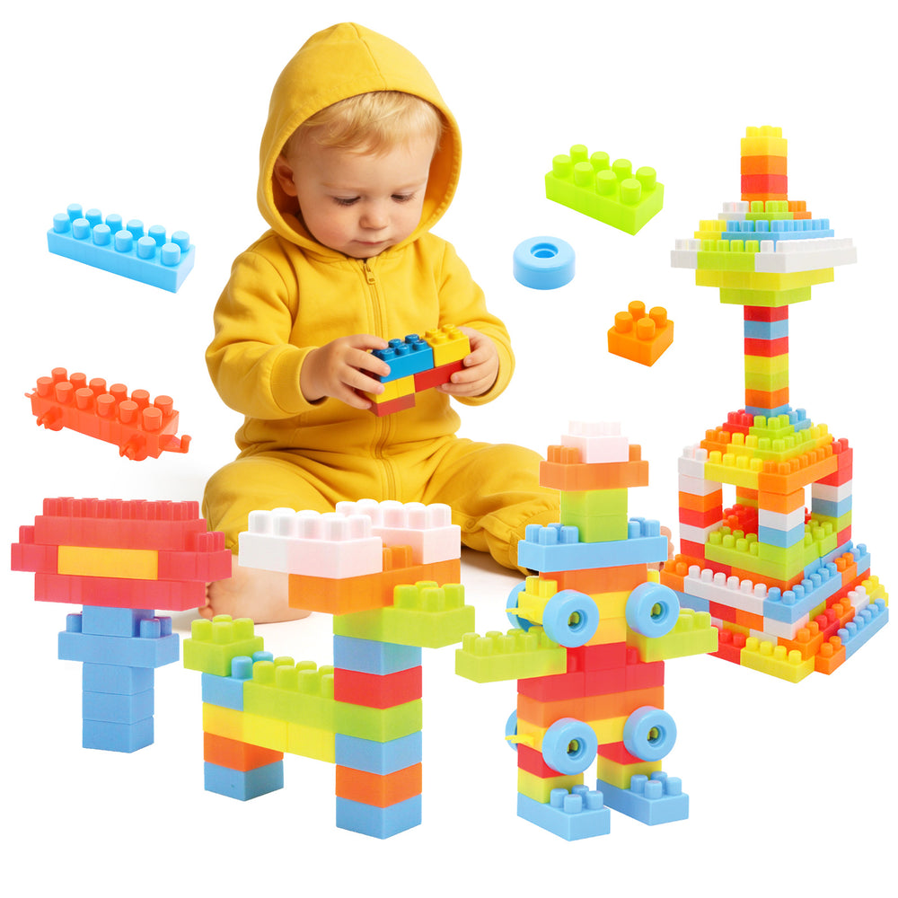Colorful 150-piece toddler building blocks set for STEM learning, featuring safe, burr-free edges and creative play.