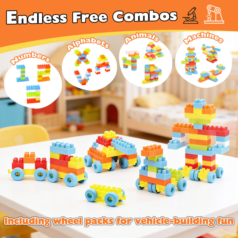 Colorful 150 pcs toddler building blocks set with wheels for vehicle-building fun and STEM learning activities.
