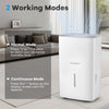 150 pints dehumidifier in white with LED display, showcasing normal and continuous modes for customized humidity.