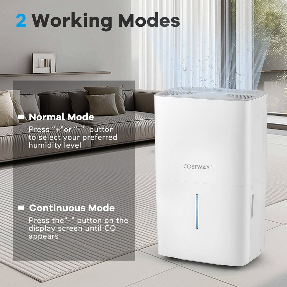 150 pints dehumidifier in white with LED display, showcasing normal and continuous modes for customized humidity.