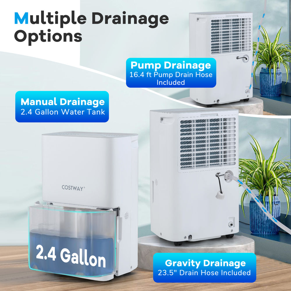 150 pints dehumidifier with 2.4-gallon tank, pump drainage option, and LED display for customized humidity control.
