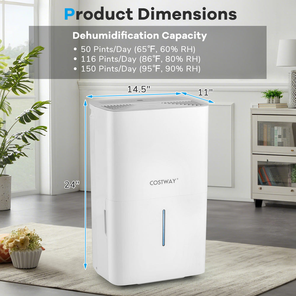 150 pints dehumidifier with LED display and 24-hour timer, featuring a large water tank and easy mobility for home use.