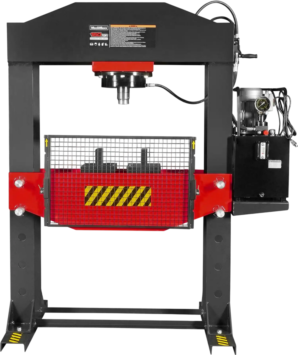 150 Ton H-Frame Electric Hydraulic Shop Press with Double-Acting Cylinder & Chain-Driven Table Lift,  110V Motor,  Fully Welded Steel Frame,  Safety Guard,  HSP150E