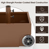 Patio umbrella base stand with wheels, 150 lbs capacity, powder-coated steel, weather-resistant, ideal for outdoor use.