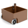 Patio umbrella base stand with wheels, 150 lbs capacity, powder-coated steel, ideal for outdoor use and flower planting.