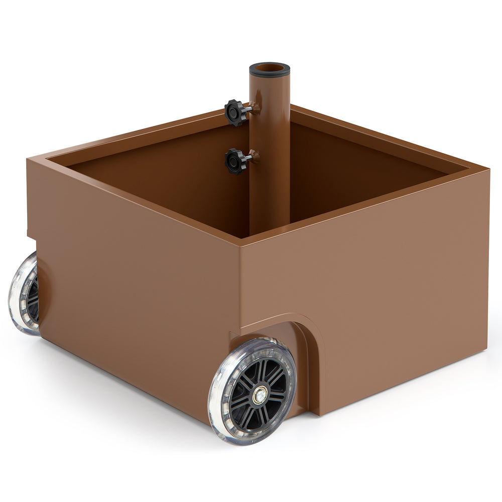 Patio umbrella base stand with wheels, 150 lbs capacity, powder-coated steel, ideal for outdoor use and flower planting.