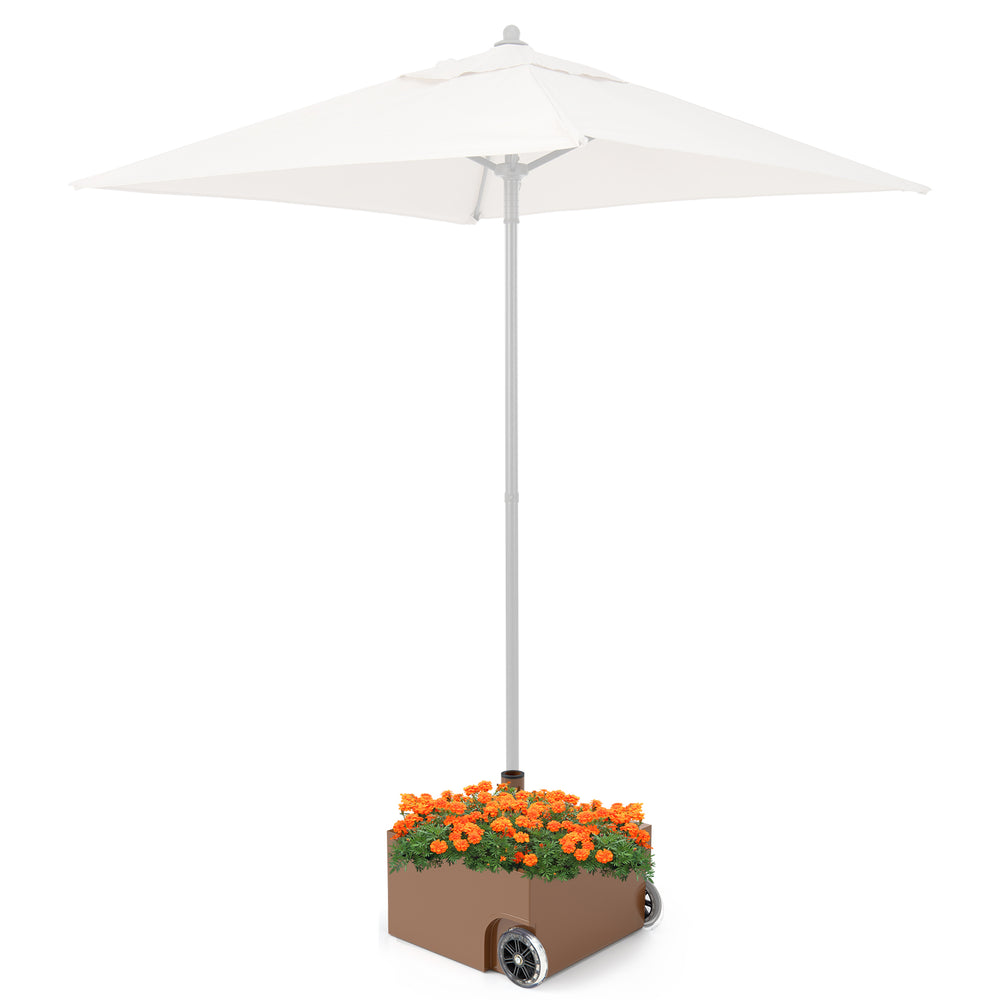 Patio umbrella base stand with wheels and planter, 150 lbs capacity, suitable for 1.5"-1.9" umbrella poles.