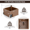 Patio umbrella base with wheels, 150 lbs capacity, powder-coated steel, ideal for stability and outdoor use.