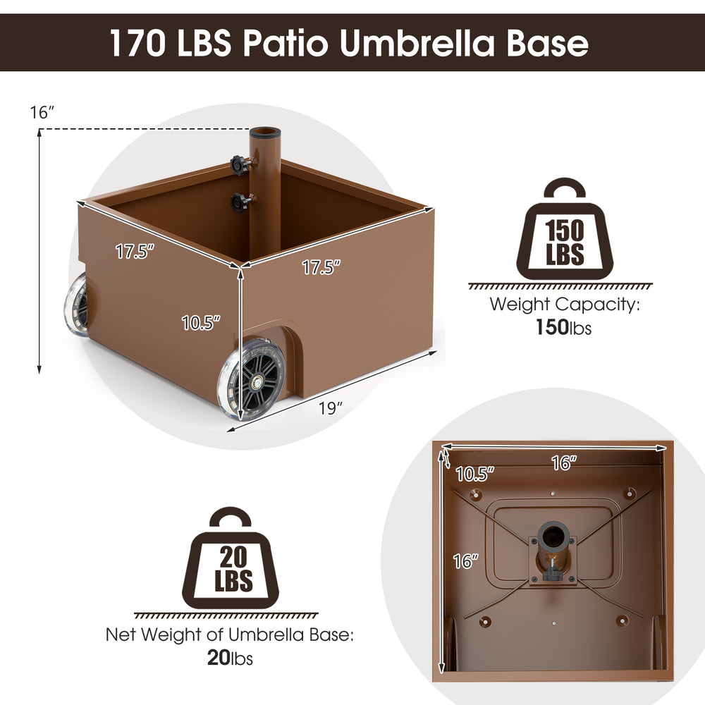 Patio umbrella base with wheels, 150 lbs capacity, powder-coated steel, ideal for stability and outdoor use.