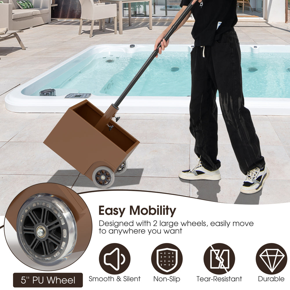 Patio umbrella base stand with wheels, 150 lbs capacity, rust-resistant steel, perfect for outdoor use and stability.