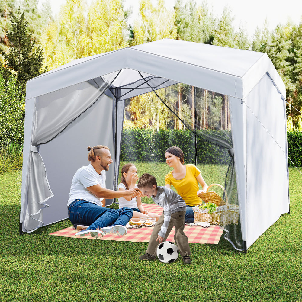 Pop up canopy tent with 4 sidewalls and mesh netting, ideal for outdoor picnics and events, providing sun protection.