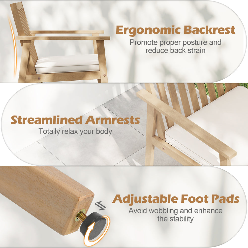 Acacia wood patio dining chair with removable cushion, ergonomic backrest, and adjustable foot pads for stability.