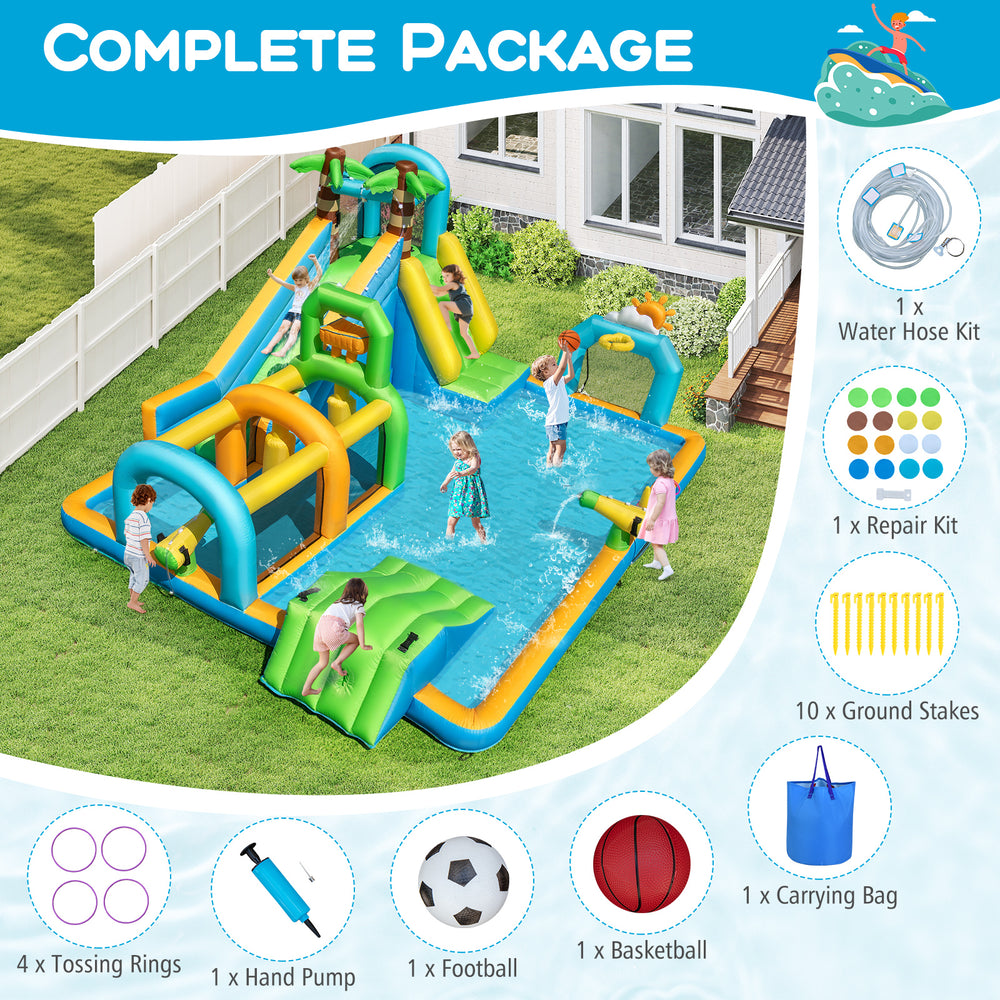 Inflatable water slide aqua park with dual slides, splash pool, and fun games for outdoor summer play.