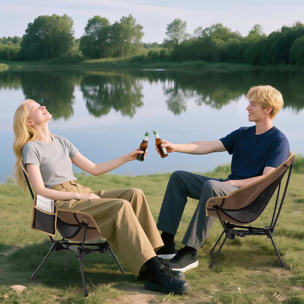 Portable camping chair in coffee color, featuring a breathable mesh seat and compact carrying bag, perfect for outdoor.