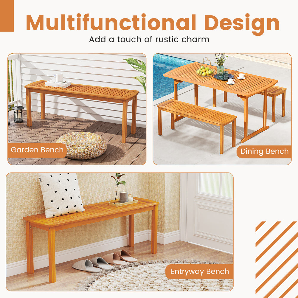 Acacia wood outdoor bench set with slatted seat, ideal for garden, dining, or entryway use, comfortably seats 2 people.