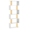 S-shaped geometric bookcase with six open shelves and gold accents, perfect for modern living room storage.
