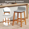 Gray PE rattan seat bar stool with acacia wood frame, ergonomic backrest, and footrests for outdoor porch use.