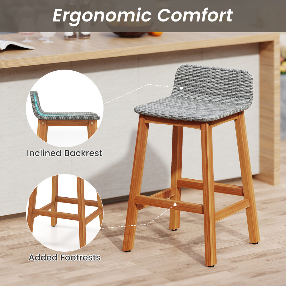 Gray PE rattan seat bar stool with acacia wood frame, ergonomic backrest, and footrests for outdoor porch use.