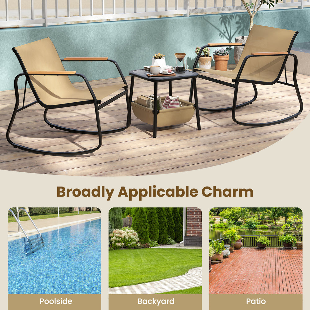 3-piece rocking bistro set with brown chairs and side table, perfect for outdoor use by the poolside or patio.