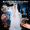 Halloween animatronic standing bride with moving head, red flashing eyes, and poseable arms for indoor or covered.
