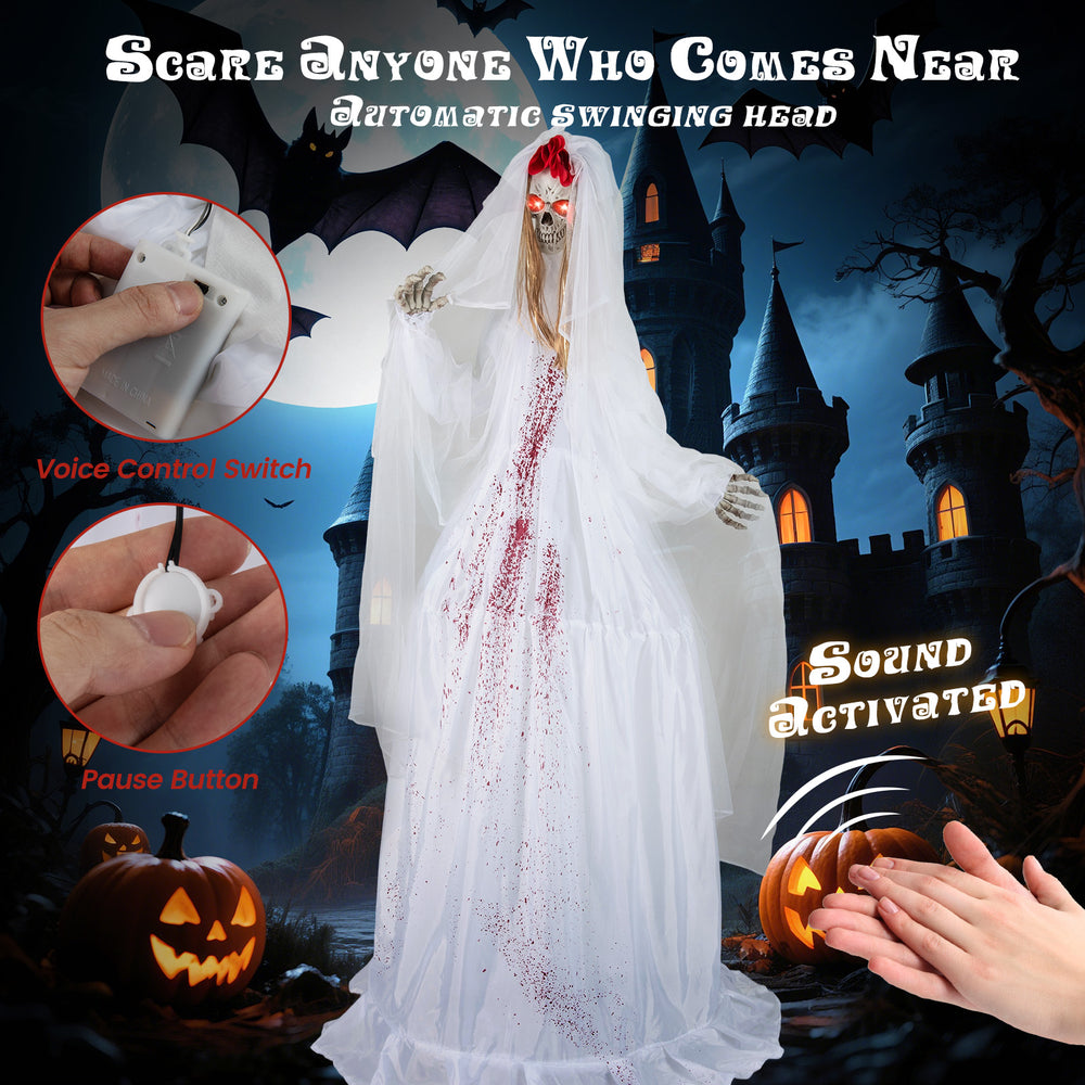 Halloween animatronic standing bride with moving head, red flashing eyes, and poseable arms for indoor or covered.