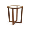 Round end table with solid acacia wood legs and tempered glass top, perfect for modern living room decor.