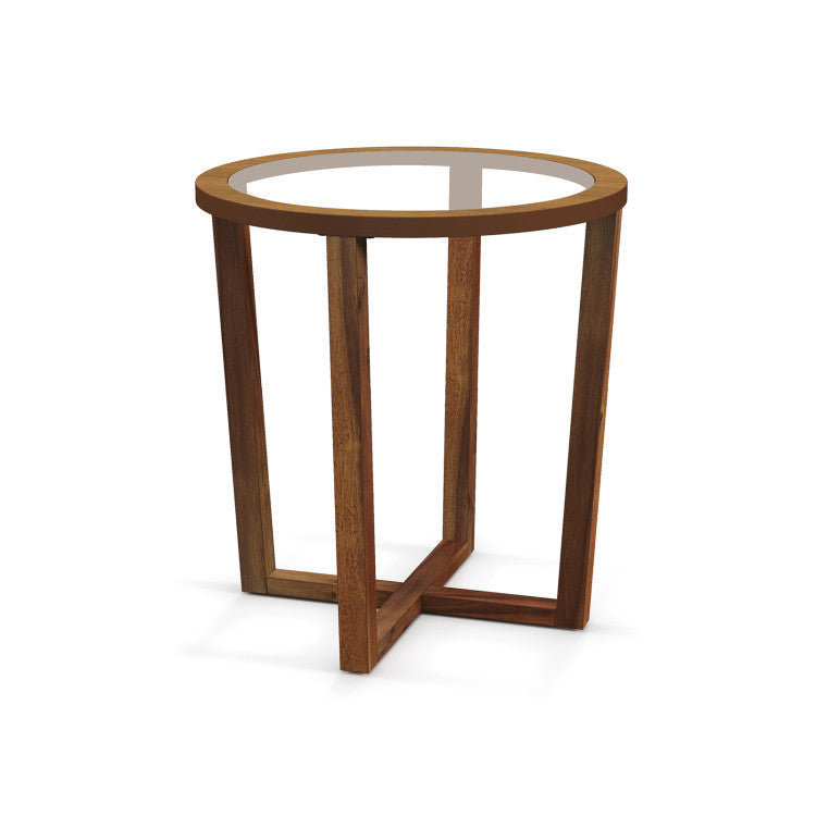 Round end table with solid acacia wood legs and tempered glass top, perfect for modern living room decor.