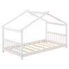 Twin size wooden house bed with slatted base, designed for safety and imaginative play in kids' room.