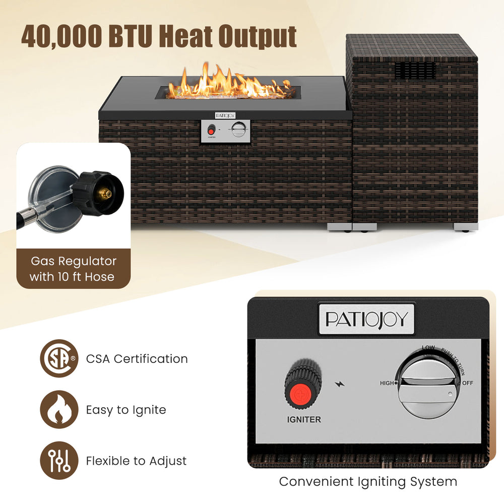 32-inch rectangle gas firepit with brown PE rattan, tempered glass top, and adjustable heat output for outdoor.