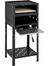 12-inch outdoor pizza oven in black with ash tray and wood storage, featuring a top tray and bottom shelf for added.