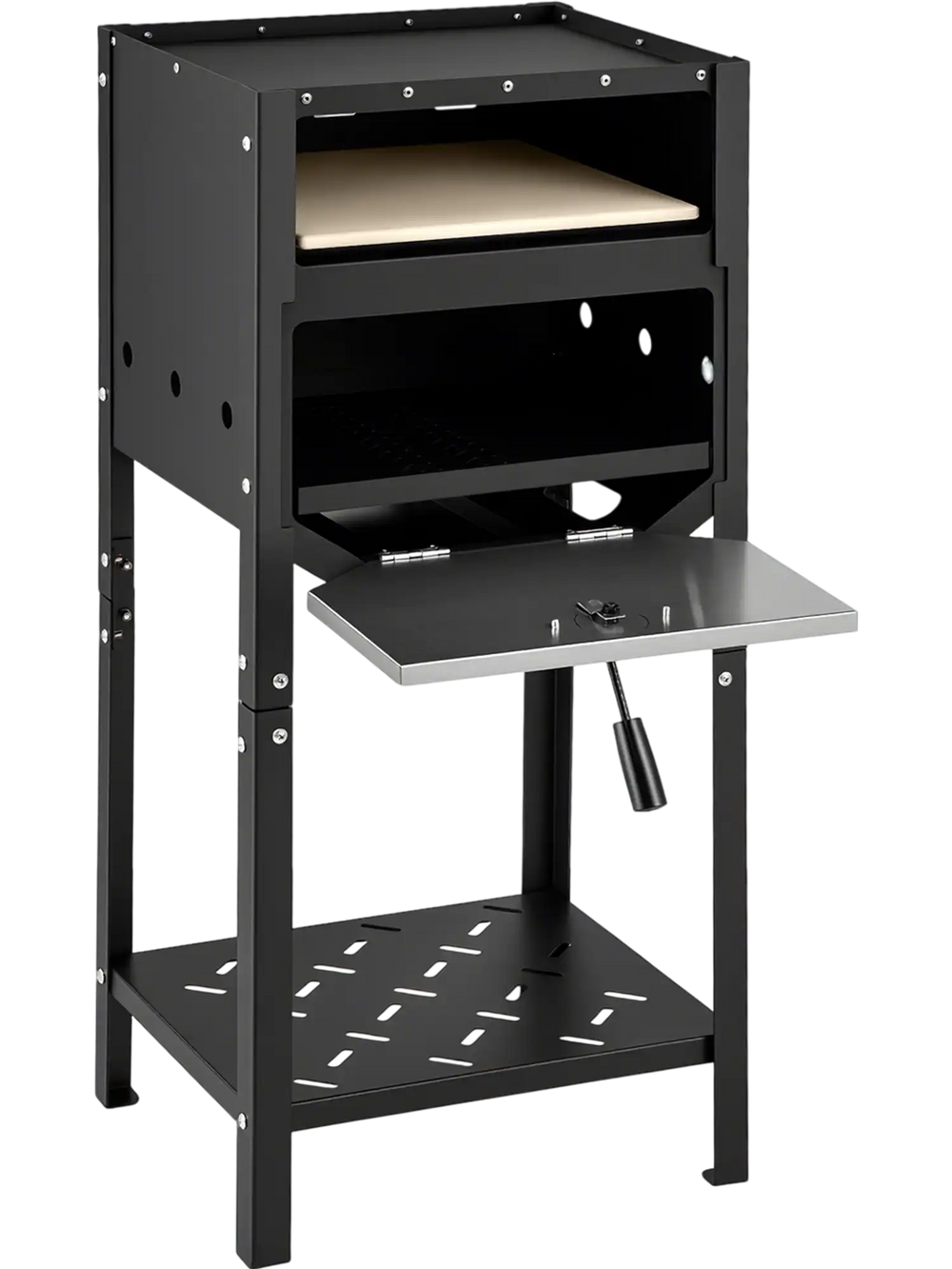 12-inch outdoor pizza oven in black with ash tray and wood storage, featuring a top tray and bottom shelf for added.