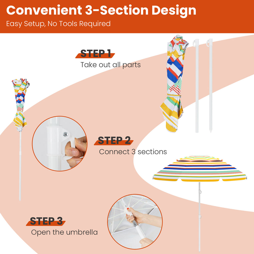 Colorful 6.5 feet beach umbrella with UPF50+ sun protection, featuring a convenient 3-section design for easy setup.
