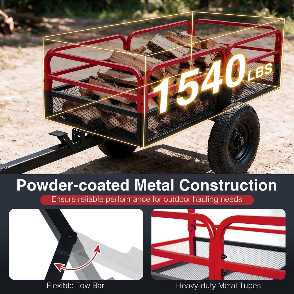 Heavy-duty red metal dump cart trailer with 1540 lbs capacity, 17.6 cu.ft cargo space, and flexible tow bar for outdoor hauling.