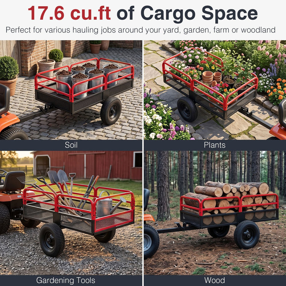 Heavy-duty metal dump cart trailer with 17.6 cu.ft cargo space, ideal for transporting soil, plants, and wood.
