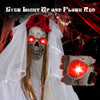 Creepy 7.2 FT Halloween animatronic bride with flashing red eyes, moving head, and poseable arms for haunted house.