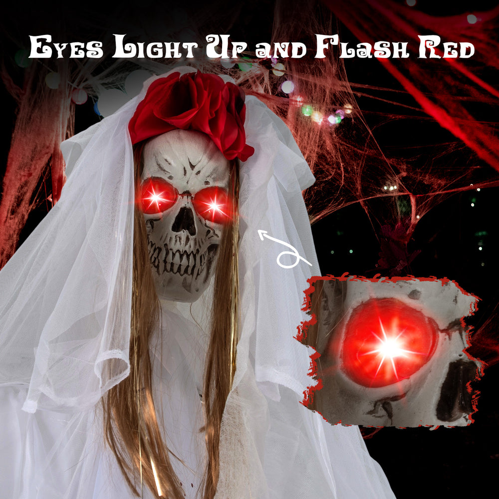 Creepy 7.2 FT Halloween animatronic bride with flashing red eyes, moving head, and poseable arms for haunted house.