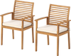 Set of 2 outdoor patio dining chairs with acacia wood frame and removable beige cushions for comfortable seating.