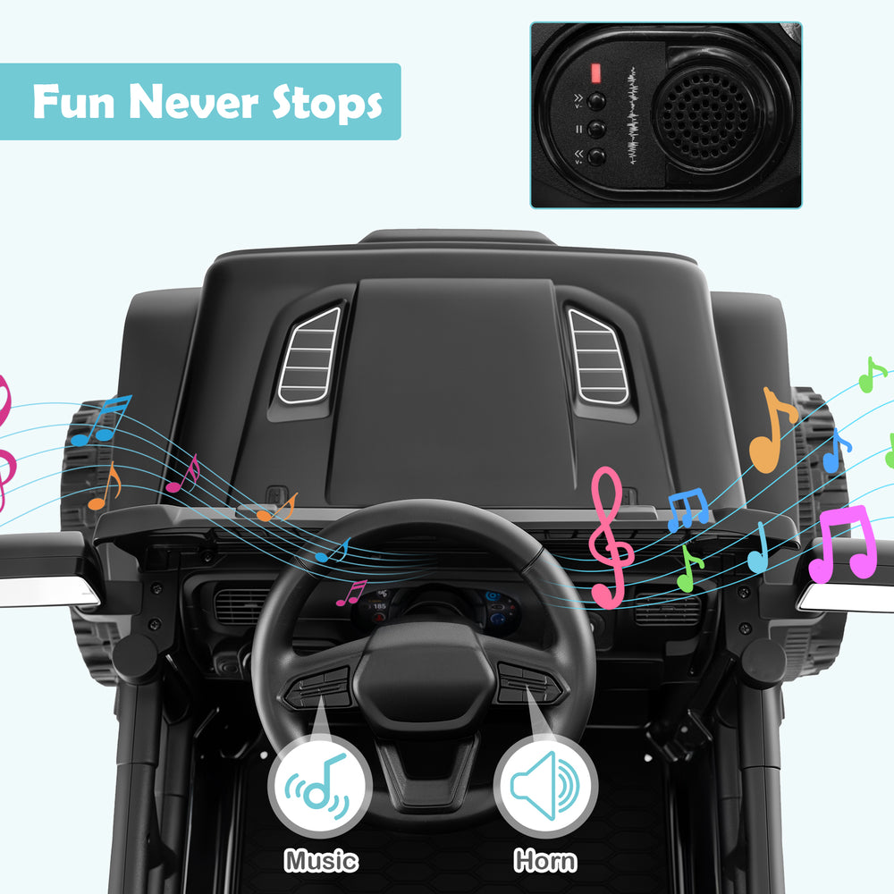 Top view of the 12V kids ride-on truck with steering wheel, music controls, and safety features for fun driving.