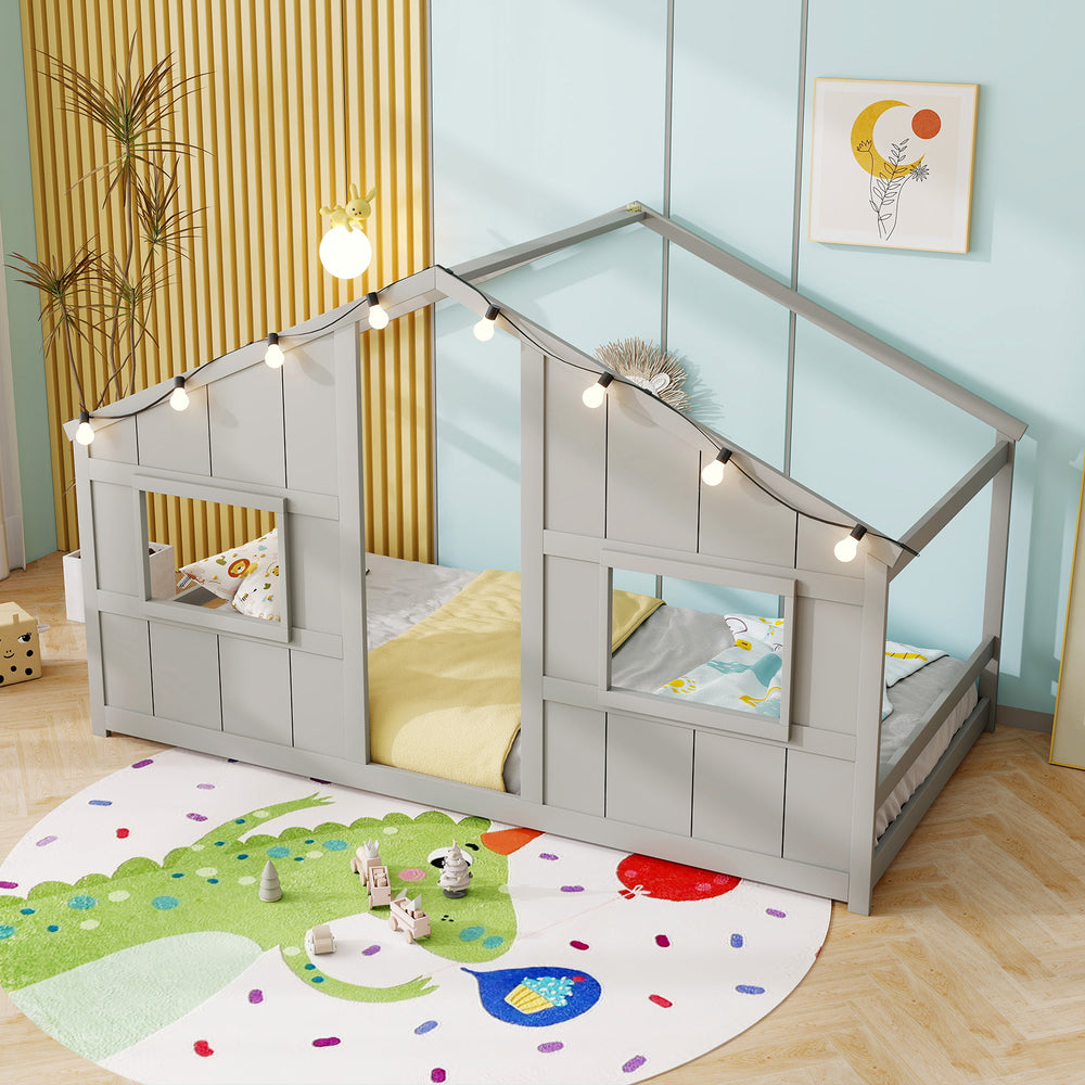Twin size grey house bed with LED lights, featuring open windows for play, perfect for kids' independent sleep and fun.