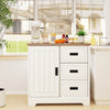 Farmhouse sideboard buffet cabinet in white with sliding doors, featuring three drawers for organized storage in the.